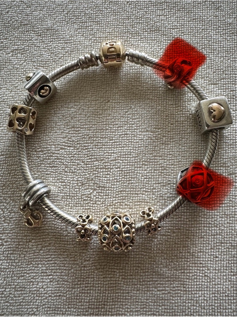 Pandora Retired 14k & Sterling Silver Bracelet w 7 charms- diamonds